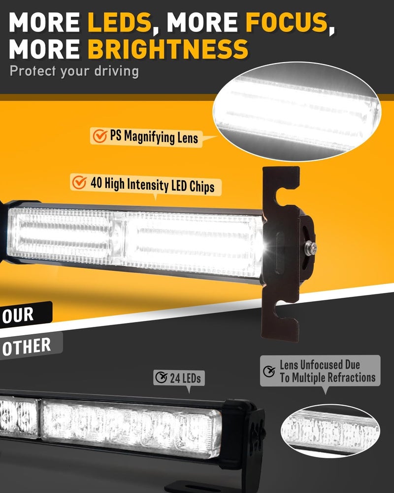 HLauto 1002L Emergency Strobe Traffic Advisor Light Bar: 40 LED Dash Safety Warning Flashing Light, Front/Rear Windshield Visor Lights for Construction Vehicle, Tow/Plow Truck (2x10.7inch, White) - Image 2